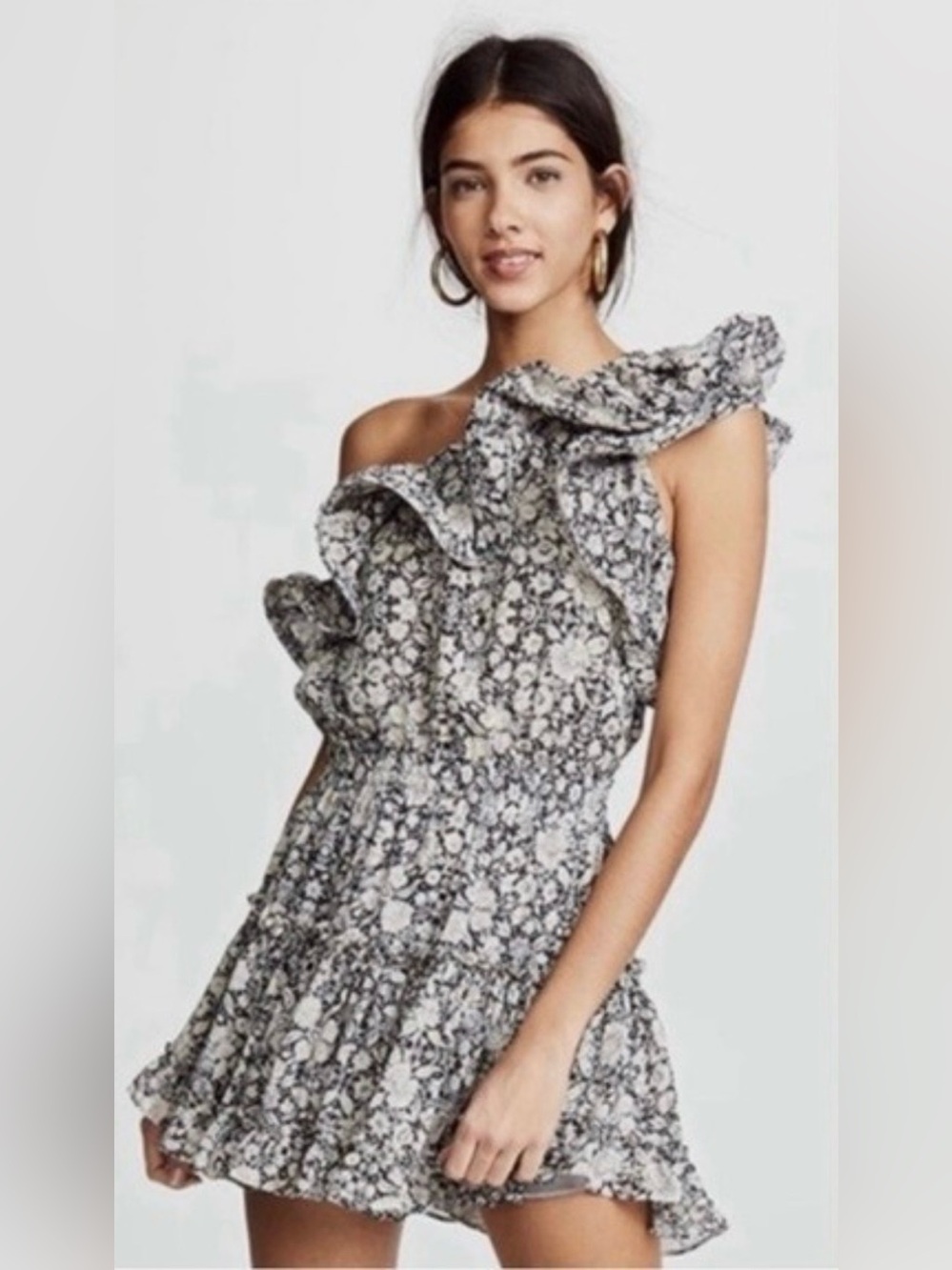 Misa Los Angeles Josefine One-Shoulder Black & White Floral Ruffle Dress